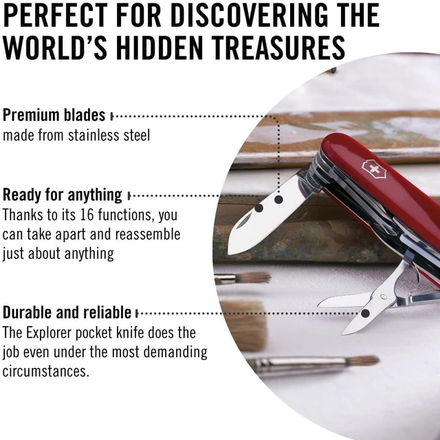 Alt view image 5 of 6 - Explorer Swiss Army Knife - 16 Function Pocket Tool - Red Swiss Made Multi-Tool with Magnifying Glass, Phillips Screwdriver, Scissors, 2 Blades, and Can Opener - 91 mm Compact Size
