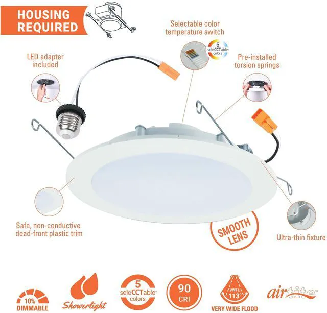 Alt view image 2 of 5 - HLBT 6 inch LED Recessed Light Slim Trim Retrofit 5CCT 765lm 6PK slim disk wafer retrofit can light LED trim, wet-rated for showers and outdoor use, 2700K-5000K, Dims to 5%