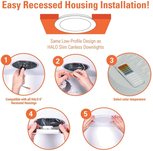 Alt view image 4 of 5 - HLBT 6 inch LED Recessed Light Slim Trim Retrofit 5CCT 765lm 6PK slim disk wafer retrofit can light LED trim, wet-rated for showers and outdoor use, 2700K-5000K, Dims to 5%