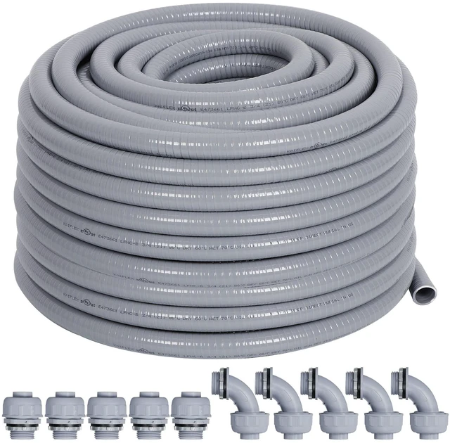 Main image of Liquid-Tight Conduit 3/4 50ft w/UL Certification Flexible Electrical Conduit with 5 Straight and 5 90-Degree Conduit Connector Fittings