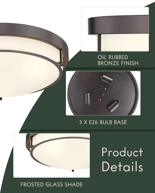 Alt view image 3 of 7 - 16 Inch Flush Mount Ceiling Light,Frosted Glass,Oil Rubbed Bronze 3 E26 sockets,Close to Ceiling Light for bedroom,hallway,kitchen,entryway