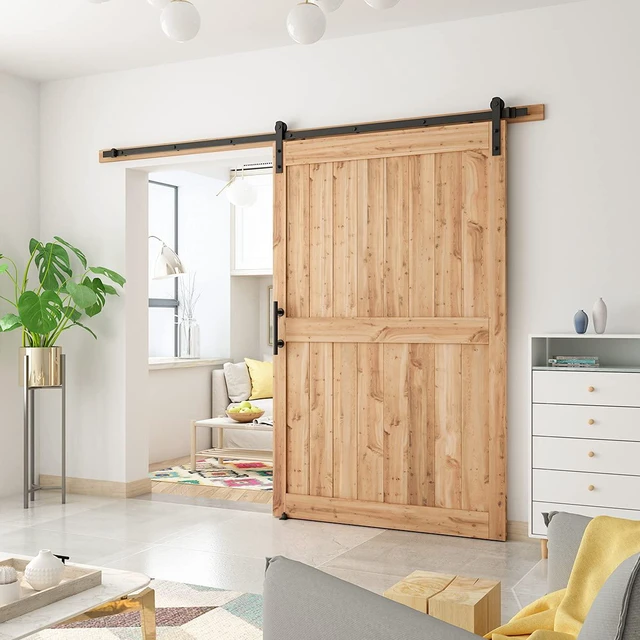 Alt view image 2 of 6 - 9 FT Heavy Duty Sturdy Sliding Barn Door Hardware Kit, Black (Whole Set Includes 1x Pull Handle Set & 1x Floor Guide) Fit 50''-54" Wide Door Panel (I Shape Hanger)