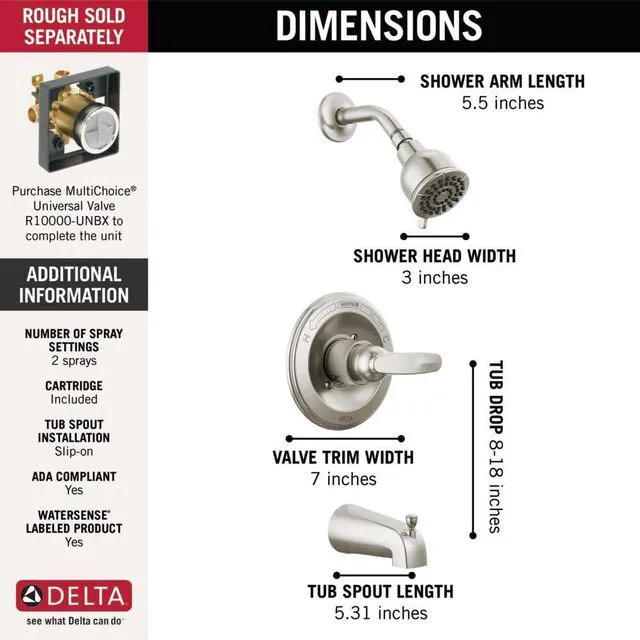 Alt view image 4 of 7 - Foundations 13 Series 2-Spray Bathtub and Shower Faucet Set, Brushed Nickel Shower Head and Handle Set, Valve Trim Kit, Stainless BT13410-SS (Valve Not Included)