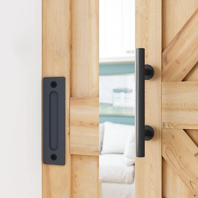 Alt view image 4 of 6 - 7 FT Heavy Duty Sturdy Sliding Barn Door Hardware Kit, Black (Whole Set Includes 1x Pull Handle Set & 1x Floor Guide) Fit 40''-42" Wide Door Panel (I Shape Hanger)