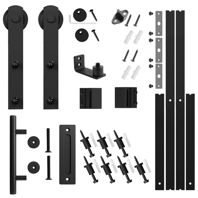 Alt view image 6 of 6 - 9 FT Heavy Duty Sturdy Sliding Barn Door Hardware Kit, Black (Whole Set Includes 1x Pull Handle Set & 1x Floor Guide) Fit 50''-54" Wide Door Panel (I Shape Hanger)