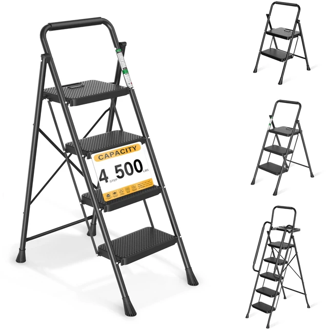 Main image of Step Ladder, Folding Steel Ladder with Handrail & Wide Pedals Wide anti-slip pedals, secure handrail, sturdy steel frame, safety lock, lightweight folding design for easy storage
