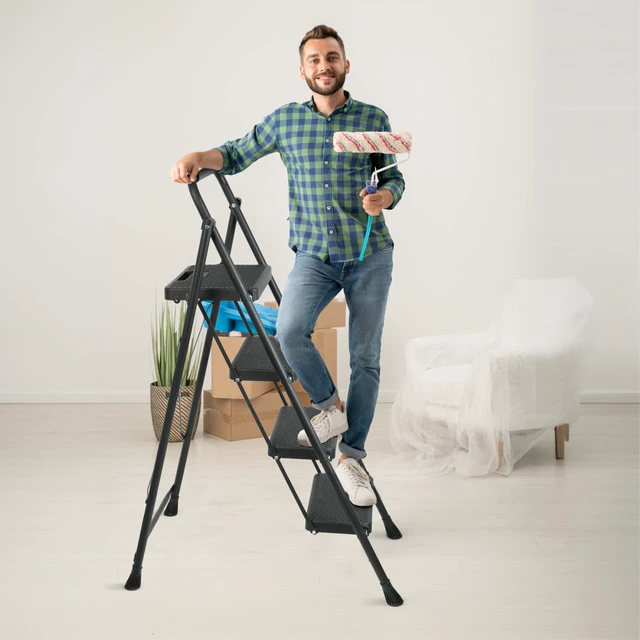 Alt view image 6 of 7 - Step Ladder, Folding Steel Ladder with Handrail & Wide Pedals Wide anti-slip pedals, secure handrail, sturdy steel frame, safety lock, lightweight folding design for easy storage