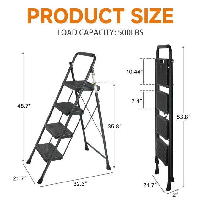 Alt view image 4 of 7 - Step Ladder, Folding Steel Ladder with Handrail & Wide Pedals Wide anti-slip pedals, secure handrail, sturdy steel frame, safety lock, lightweight folding design for easy storage