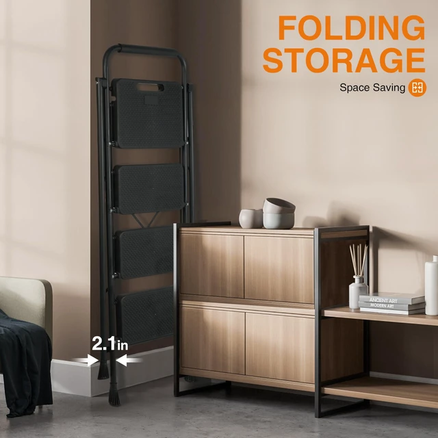 Alt view image 5 of 7 - Step Ladder, Folding Steel Ladder with Handrail & Wide Pedals Wide anti-slip pedals, secure handrail, sturdy steel frame, safety lock, lightweight folding design for easy storage