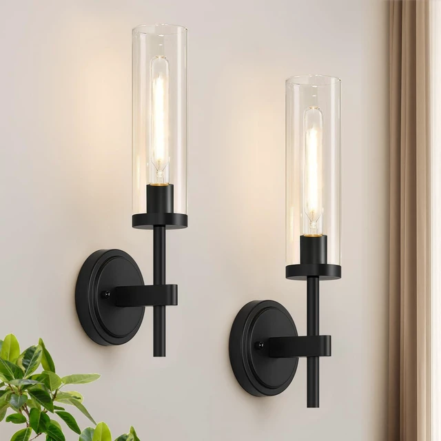 Main image of Hardwired Wall Sconces Set of Two, Matte Black Bathroom Sconces with Clear Glass, Modern Wall Light Fixtures for Bathroom Mirror Vanity, Living Room, Bedroom, Hallway, Stairway, Cabinet, Foyer