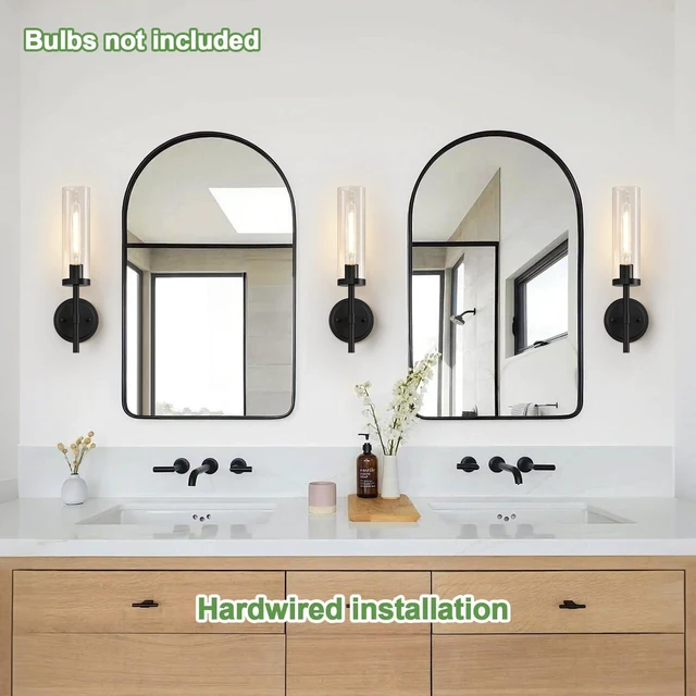 Alt view image 3 of 7 - Hardwired Wall Sconces Set of Two, Matte Black Bathroom Sconces with Clear Glass, Modern Wall Light Fixtures for Bathroom Mirror Vanity, Living Room, Bedroom, Hallway, Stairway, Cabinet, Foyer