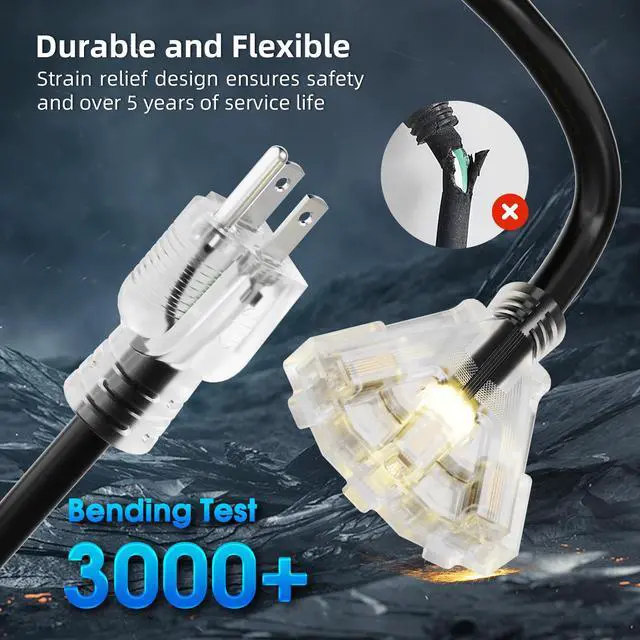 Alt view image 2 of 7 - 50 FT Outdoor Extension Cord with Multiple Outlets, 12 Gauge Heavy Duty Black Extension Cord Waterproof with 3 Outlet, 3 Prong Power Cord for Garden and Home Use Indicator Light, ETL Listed