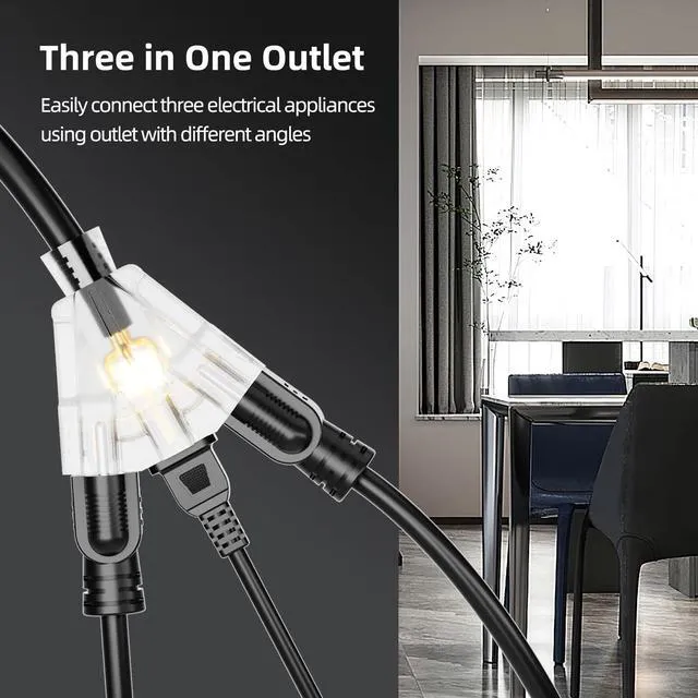 Alt view image 3 of 7 - 50 FT Outdoor Extension Cord with Multiple Outlets, 12 Gauge Heavy Duty Black Extension Cord Waterproof with 3 Outlet, 3 Prong Power Cord for Garden and Home Use Indicator Light, ETL Listed