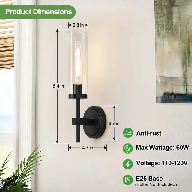 Alt view image 7 of 7 - Hardwired Wall Sconces Set of Two, Matte Black Bathroom Sconces with Clear Glass, Modern Wall Light Fixtures for Bathroom Mirror Vanity, Living Room, Bedroom, Hallway, Stairway, Cabinet, Foyer