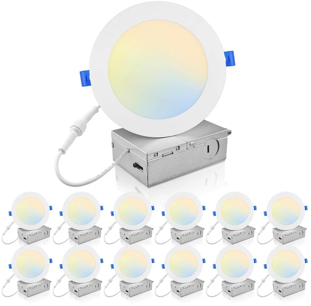 Main image of 6 Inch 5CCT LED Recessed Ceiling Light with Junction Box, 2700K/3000K/4000K/5000K/6000K Selectable, 12W 1100Lm, Dimmable Dimmable Can-Killer Downlight, ETL& FCC, 12 Pack