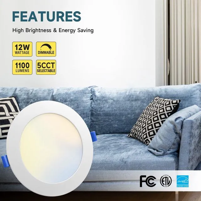 Alt view image 2 of 7 - 6 Inch 5CCT LED Recessed Ceiling Light with Junction Box, 2700K/3000K/4000K/5000K/6000K Selectable, 12W 1100Lm, Dimmable Dimmable Can-Killer Downlight, ETL& FCC, 12 Pack