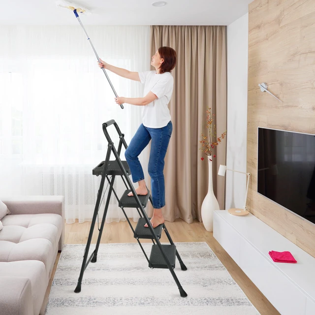 Alt view image 7 of 7 - Step Ladder, Folding Steel Ladder with Handrail & Wide Pedals Wide anti-slip pedals, secure handrail, sturdy steel frame, safety lock, lightweight folding design for easy storage