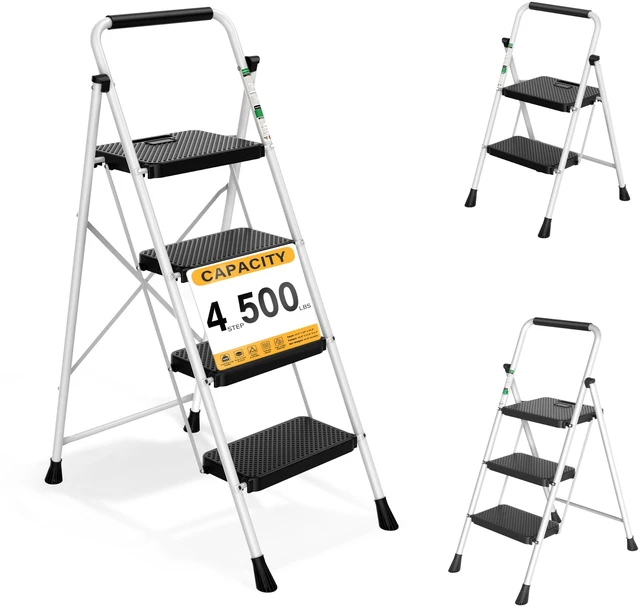 Main image of Step Ladder, Folding Steel Ladder with Handrail & Wide Pedals Wide anti-slip pedals, secure handrail, sturdy steel frame, safety lock, lightweight folding design for easy storage