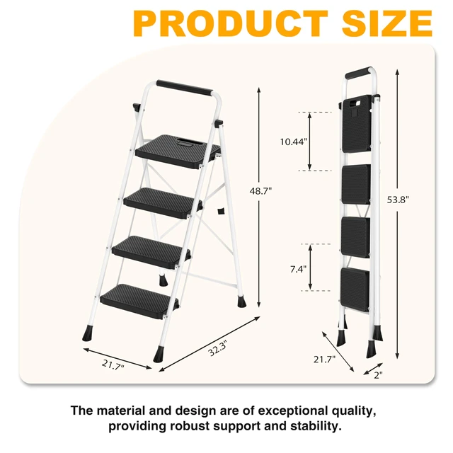 Alt view image 4 of 7 - Step Ladder, Folding Steel Ladder with Handrail & Wide Pedals Wide anti-slip pedals, secure handrail, sturdy steel frame, safety lock, lightweight folding design for easy storage
