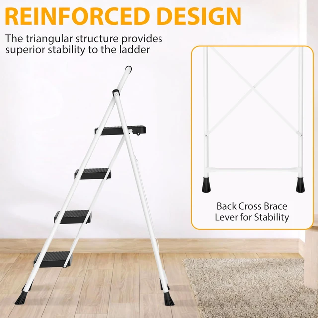 Alt view image 7 of 7 - Step Ladder, Folding Steel Ladder with Handrail & Wide Pedals Wide anti-slip pedals, secure handrail, sturdy steel frame, safety lock, lightweight folding design for easy storage