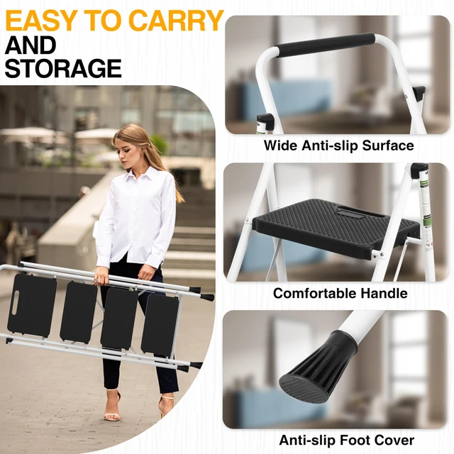 Alt view image 6 of 7 - Step Ladder, Folding Steel Ladder with Handrail & Wide Pedals Wide anti-slip pedals, secure handrail, sturdy steel frame, safety lock, lightweight folding design for easy storage