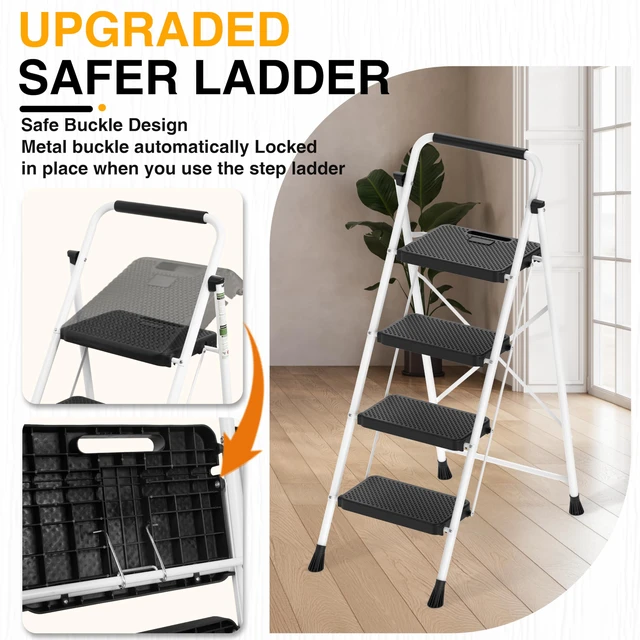 Alt view image 2 of 7 - Step Ladder, Folding Steel Ladder with Handrail & Wide Pedals Wide anti-slip pedals, secure handrail, sturdy steel frame, safety lock, lightweight folding design for easy storage