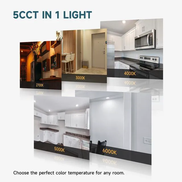 Alt view image 4 of 7 - 6 Inch 5CCT LED Recessed Ceiling Light with Junction Box, 2700K/3000K/4000K/5000K/6000K Selectable, 12W 1100Lm, Dimmable Dimmable Can-Killer Downlight, ETL& FCC, 12 Pack