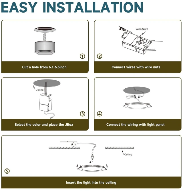 Alt view image 7 of 7 - 6 Inch 5CCT LED Recessed Ceiling Light with Junction Box, 2700K/3000K/4000K/5000K/6000K Selectable, 12W 1100Lm, Dimmable Dimmable Can-Killer Downlight, ETL& FCC, 12 Pack