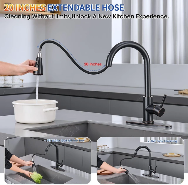 Alt view image 2 of 7 - Oil Rubbed Bronze Kitchen Faucets with Pull Down Sprayer, High Arc Single Handle Stainless Steel Kitchen Sink Faucet for 1 or 3 Hole, Ideal for Farmhouse RV Laundry Bar Camper & Commercial