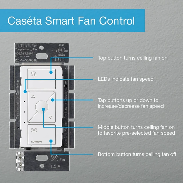 Alt view image 6 of 7 - Caseta Smart Fan Control (Smart Hub Required) 4-Speed for Paddle Fan Smart Fan Control elimates pull chains, choose from 4 fan speeds, preselect your favorite speed, PD-FSQN-WH, White