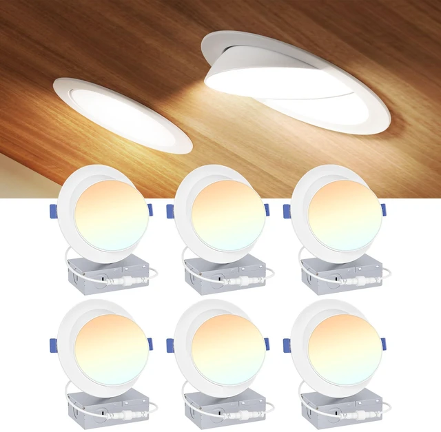 Main image of 6 Inch Gimbal LED Recessed Light, 5CCT, 12W, 1200LM, 6 Pack 5%-100% Dimmable, 2700K-5000K Selectable CCT, 90° Tilt and 360° Swivel, Angle Adjustable, IC&Damp Rated, ETL&FCC Certified