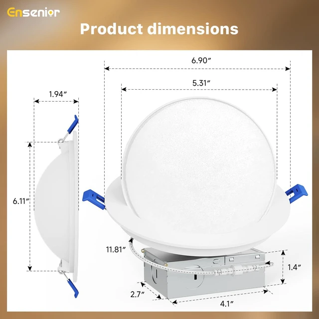 Alt view image 7 of 7 - 6 Inch Gimbal LED Recessed Light, 5CCT, 12W, 1200LM, 6 Pack 5%-100% Dimmable, 2700K-5000K Selectable CCT, 90° Tilt and 360° Swivel, Angle Adjustable, IC&Damp Rated, ETL&FCC Certified