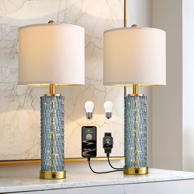 Main image of 27.75 Table Lamps Set of 2, Blue Modern Bedside Lamp with LED Night Light, USB A+C, Glass Lamps for Living Room, Bedroom, Nightstand, Office, End Table (2 Bulbs Included)