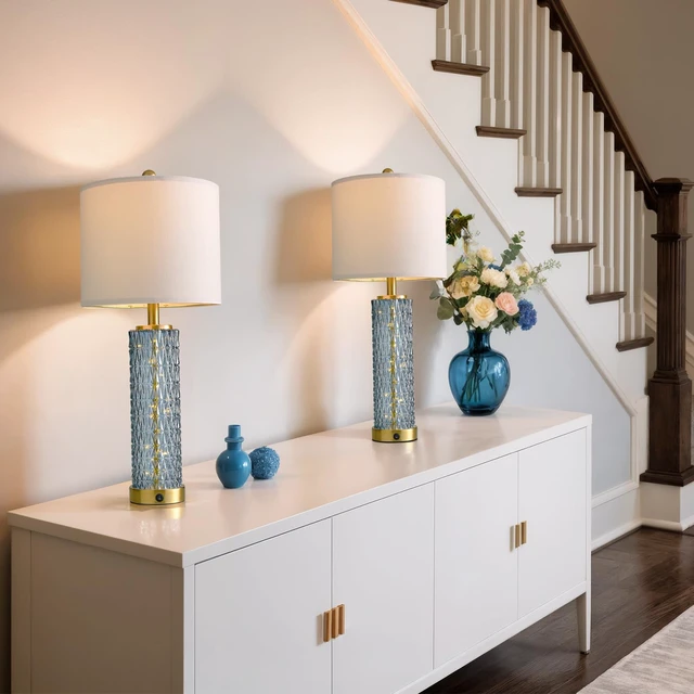 Alt view image 2 of 7 - 27.75 Table Lamps Set of 2, Blue Modern Bedside Lamp with LED Night Light, USB A+C, Glass Lamps for Living Room, Bedroom, Nightstand, Office, End Table (2 Bulbs Included)