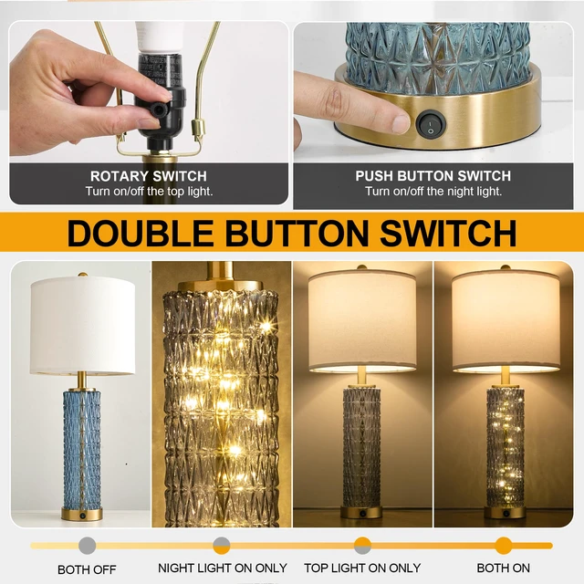 Alt view image 3 of 7 - 27.75 Table Lamps Set of 2, Blue Modern Bedside Lamp with LED Night Light, USB A+C, Glass Lamps for Living Room, Bedroom, Nightstand, Office, End Table (2 Bulbs Included)