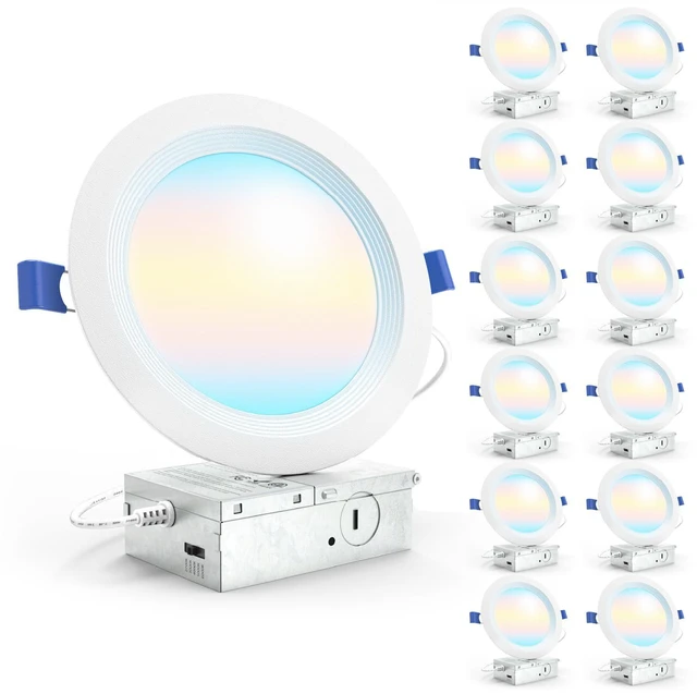 Main image of 12 Pack 6 Inch Canless LED Recessed Lights, 5CCT, 14W, Dimmable 1200LM, Selectable CCT 2700K/3000K/4000K/5000K/6000K, Baffle Trim, Junction Box, LED Downlight, for Kitchens, Low Ceilings