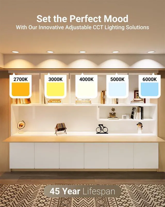 Alt view image 3 of 7 - 12 Pack 6 Inch Canless LED Recessed Lights, 5CCT, 14W, Dimmable 1200LM, Selectable CCT 2700K/3000K/4000K/5000K/6000K, Baffle Trim, Junction Box, LED Downlight, for Kitchens, Low Ceilings