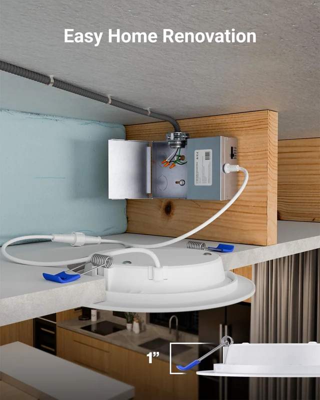 Alt view image 4 of 7 - 12 Pack 6 Inch Canless LED Recessed Lights, 5CCT, 14W, Dimmable 1200LM, Selectable CCT 2700K/3000K/4000K/5000K/6000K, Baffle Trim, Junction Box, LED Downlight, for Kitchens, Low Ceilings