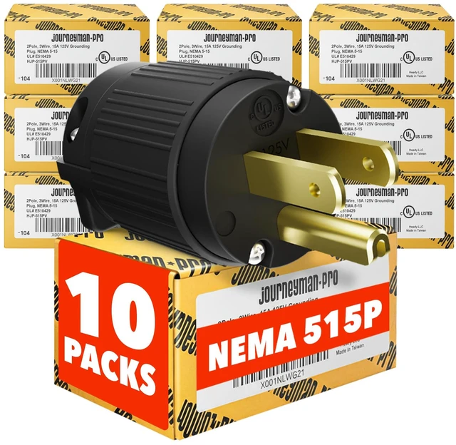 Main image of 515PV Male Electrical Plug Replacement, 15 Amp 125V, 10-Pack 3 Prong, NEMA 5-15P Straight Blade Plug, Extension Cord End Repair, 2-Pole 3-Wire, Commercial Grade PVC, Black, ETL Listed