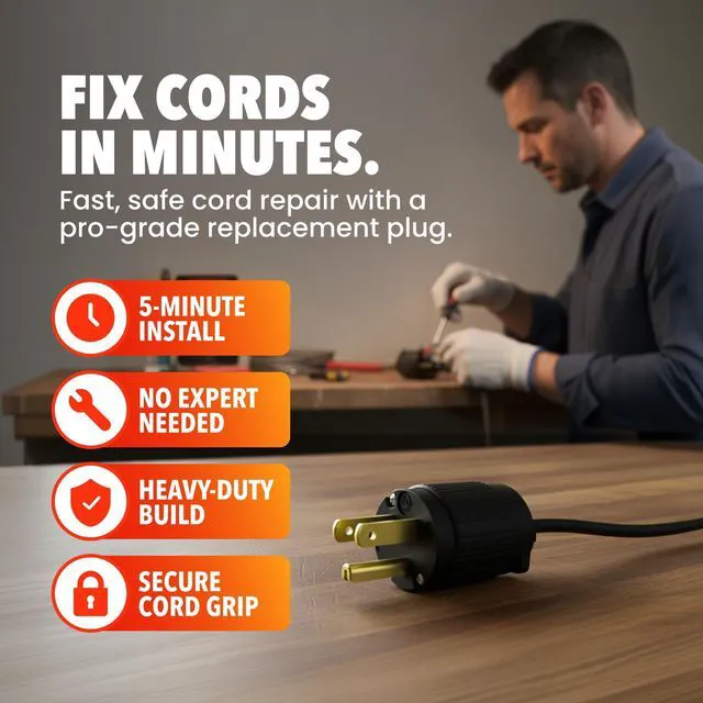Alt view image 2 of 7 - 515PV Male Electrical Plug Replacement, 15 Amp 125V, 10-Pack 3 Prong, NEMA 5-15P Straight Blade Plug, Extension Cord End Repair, 2-Pole 3-Wire, Commercial Grade PVC, Black, ETL Listed