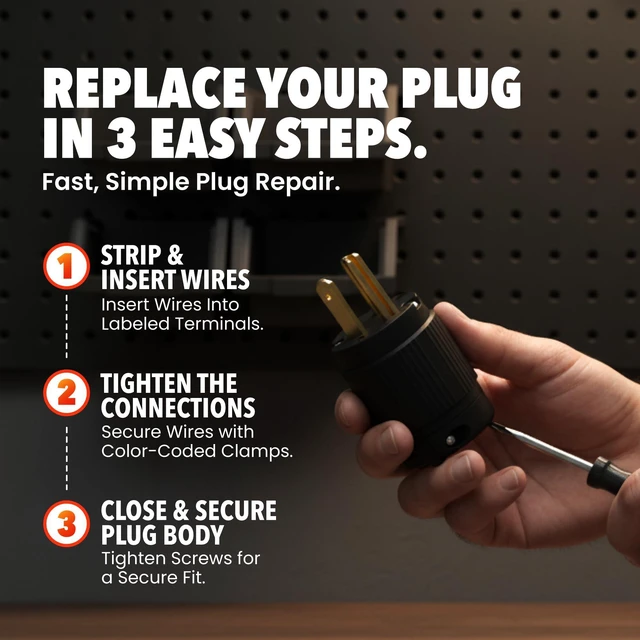 Alt view image 4 of 7 - 515PV Male Electrical Plug Replacement, 15 Amp 125V, 10-Pack 3 Prong, NEMA 5-15P Straight Blade Plug, Extension Cord End Repair, 2-Pole 3-Wire, Commercial Grade PVC, Black, ETL Listed