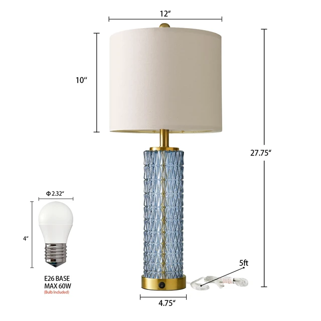 Alt view image 5 of 7 - 27.75 Table Lamps Set of 2, Blue Modern Bedside Lamp with LED Night Light, USB A+C, Glass Lamps for Living Room, Bedroom, Nightstand, Office, End Table (2 Bulbs Included)