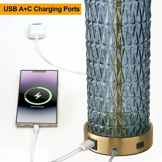 Alt view image 6 of 7 - 27.75 Table Lamps Set of 2, Blue Modern Bedside Lamp with LED Night Light, USB A+C, Glass Lamps for Living Room, Bedroom, Nightstand, Office, End Table (2 Bulbs Included)