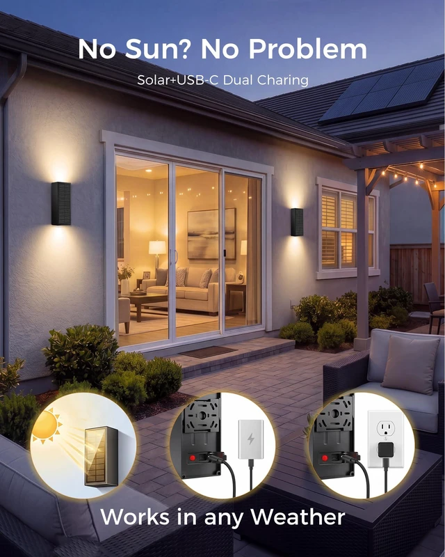 Alt view image 2 of 7 - 4 Pack Solar Wall Lights Outdoor, Dusk to Dawn Up Down Wall Sconces USB-C Rechargeable Backup, 3CCT, 2 Brightness Levels, IP65 Waterproof Exterior Lights for Front Door, Garage, Patio and Shed