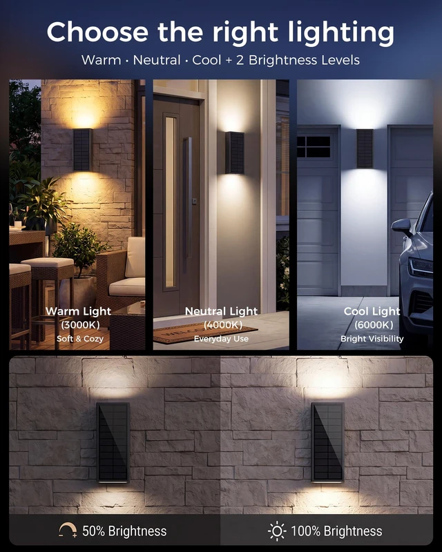 Alt view image 5 of 7 - 4 Pack Solar Wall Lights Outdoor, Dusk to Dawn Up Down Wall Sconces USB-C Rechargeable Backup, 3CCT, 2 Brightness Levels, IP65 Waterproof Exterior Lights for Front Door, Garage, Patio and Shed
