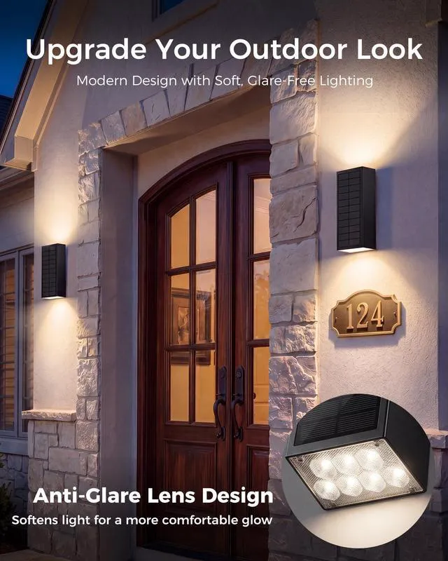 Alt view image 4 of 7 - 4 Pack Solar Wall Lights Outdoor, Dusk to Dawn Up Down Wall Sconces USB-C Rechargeable Backup, 3CCT, 2 Brightness Levels, IP65 Waterproof Exterior Lights for Front Door, Garage, Patio and Shed