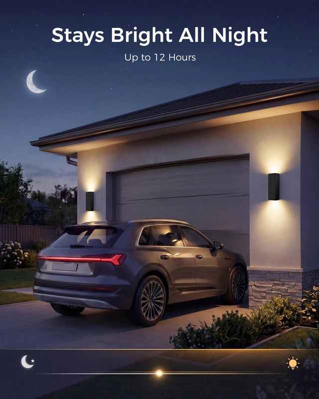Alt view image 6 of 7 - 4 Pack Solar Wall Lights Outdoor, Dusk to Dawn Up Down Wall Sconces USB-C Rechargeable Backup, 3CCT, 2 Brightness Levels, IP65 Waterproof Exterior Lights for Front Door, Garage, Patio and Shed