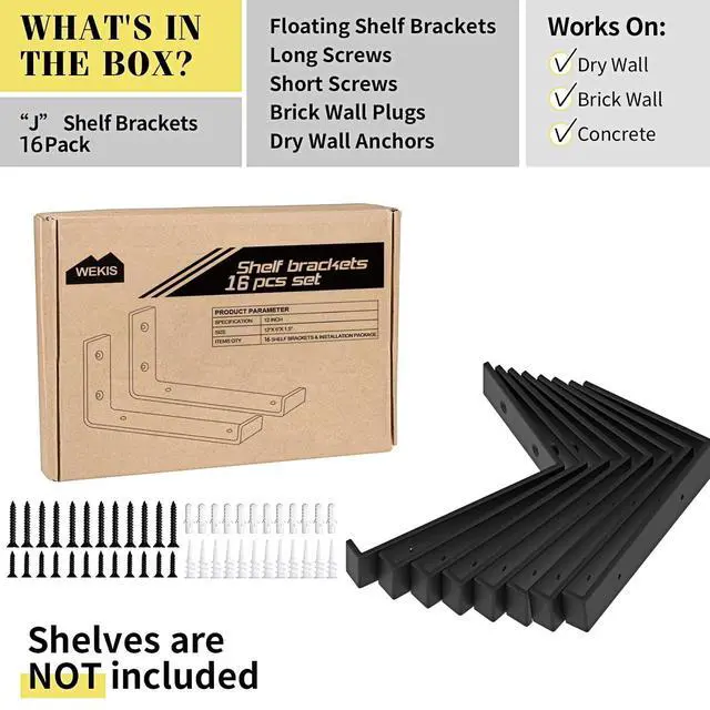 Alt view image 2 of 7 - Shelf Brackets 12 Inch, Strong Heavy Duty Floating Shelf Brackets Pack of 16, Industrial Metal Iron Matte Black Shelving Brackets 1/5 Inch Thick Brackets for Shelves 16 PCS
