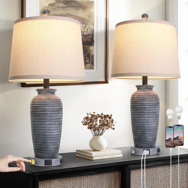 Main image of 25" Retro Distressed Black Farmhouse Jar Table Lamps Set of 2, 3 Way Touch Control Rustic Bedside Lamps with USB A+C Ports & AC Outlet, Pot Nightstand Lamps for Bedroom Living Room