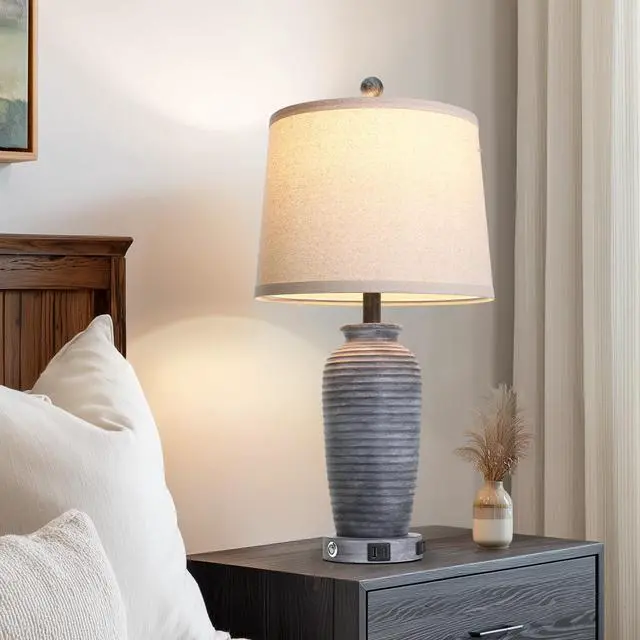 Alt view image 4 of 7 - 25" Retro Distressed Black Farmhouse Jar Table Lamps Set of 2, 3 Way Touch Control Rustic Bedside Lamps with USB A+C Ports & AC Outlet, Pot Nightstand Lamps for Bedroom Living Room